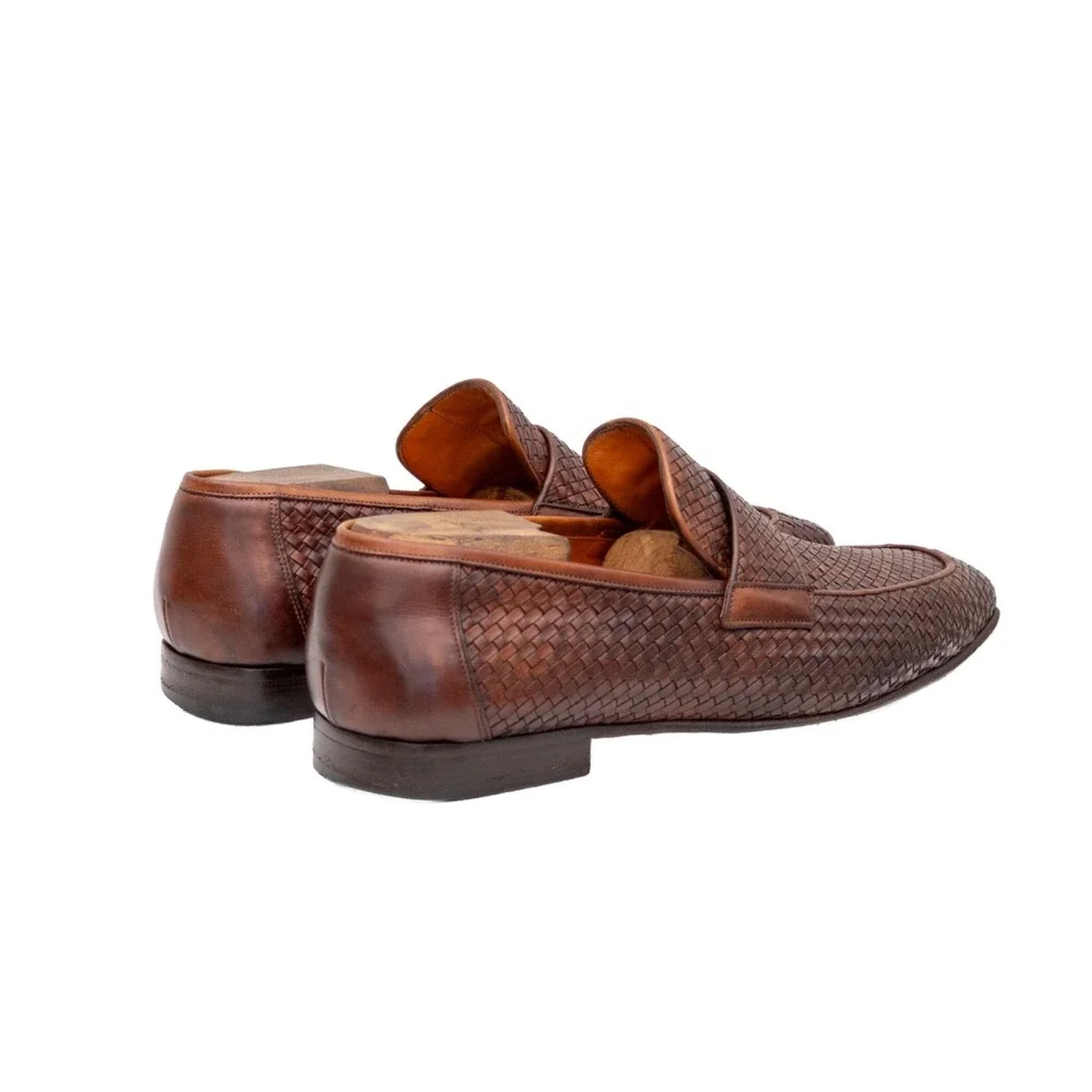 Santoni Woven Leather Loafers Mens US 10.5 UK 9.5 EU 44 Brown Handwoven